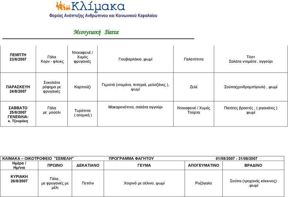 Τζουράκη Γάλα με μούσλι Τυρόπιτα ( ατομική ) Μακαρονόπιτα, σαλάτα αγγούρι Ντεκαφεινέ / Χυμός Τούρτα Πατάτες βραστές, ( ριγανάτες ) ΚΛΙΜΑΚΑ ΟΙΚΟΤΡΟΦΕΙΟ