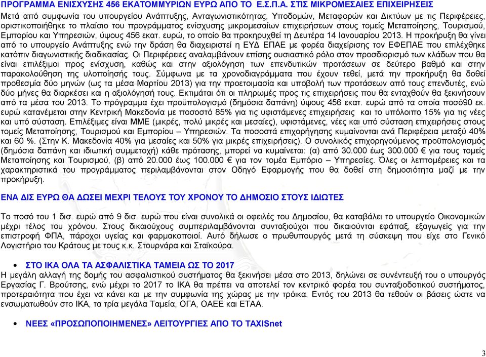 οριστικοποιήθηκε το πλαίσιο του προγράμματος ενίσχυσης μικρομεσαίων επιχειρήσεων στους τομείς Μεταποίησης, Τουρισμού, Εμπορίου και Υπηρεσιών, ύψους 456 εκατ.
