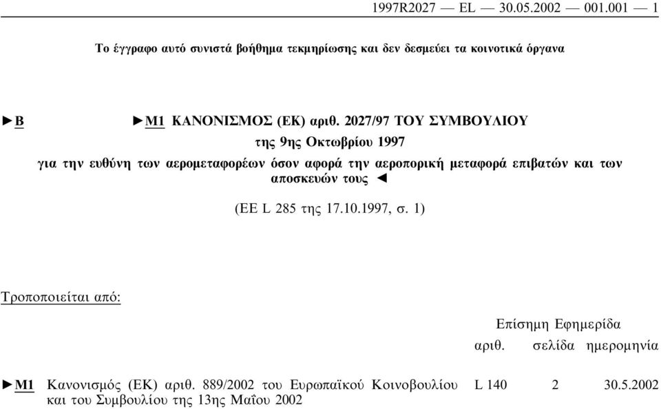 2027/97 ΤΟΥ ΣΥΜΒΟΥΛΙΟΥ της 9ης Οκτωβρίου 1997 για την ευθύνη των αεροµεταφορέων όσον αφορά την αεροπορική µεταφορά επιβατών