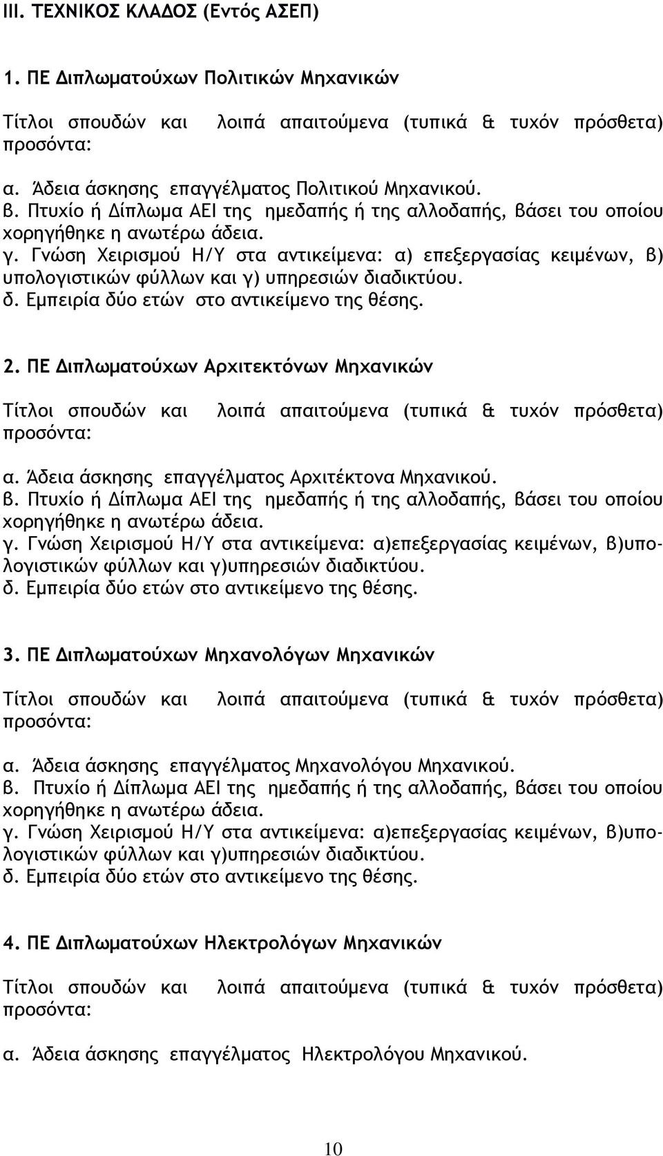 Γνώση Χειρισμού Η/Υ στα αντικείμενα: α) επεξεργασίας κειμένων, β) υπολογιστικών φύλλων και γ) υπηρεσιών διαδικτύου. δ. Εμπειρία δύο ετών στο αντικείμενο της θέσης. 2.