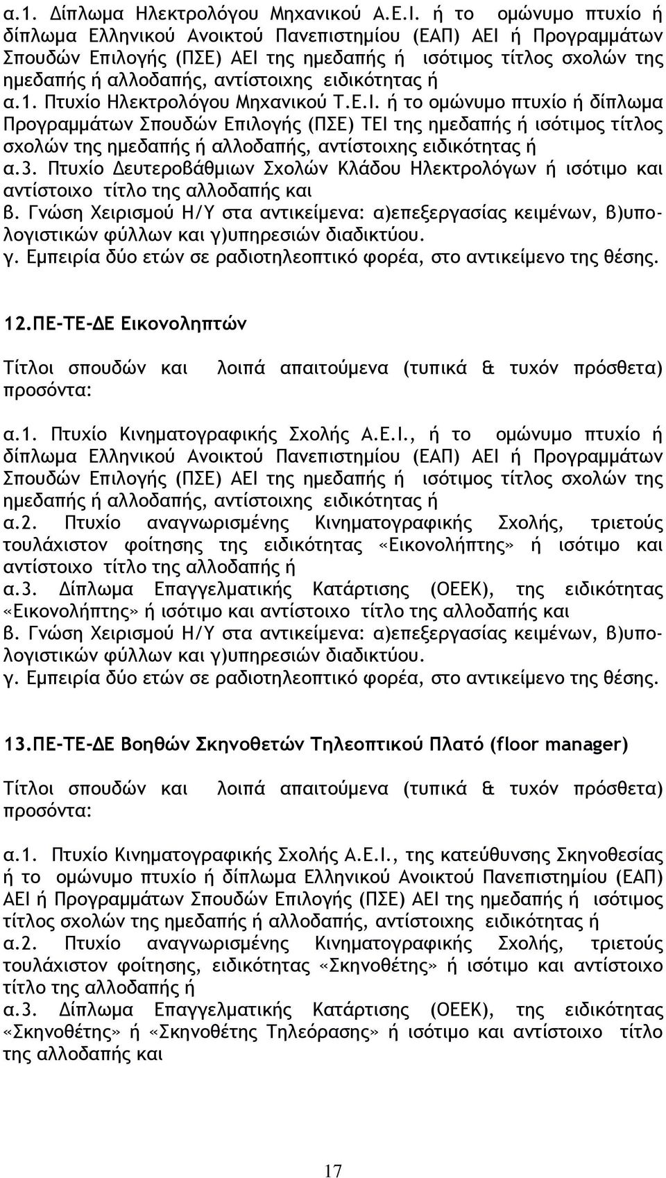 ειδικότητας ή α.1. Πτυχίο Ηλεκτρολόγου Μηχανικού Τ.Ε.Ι.