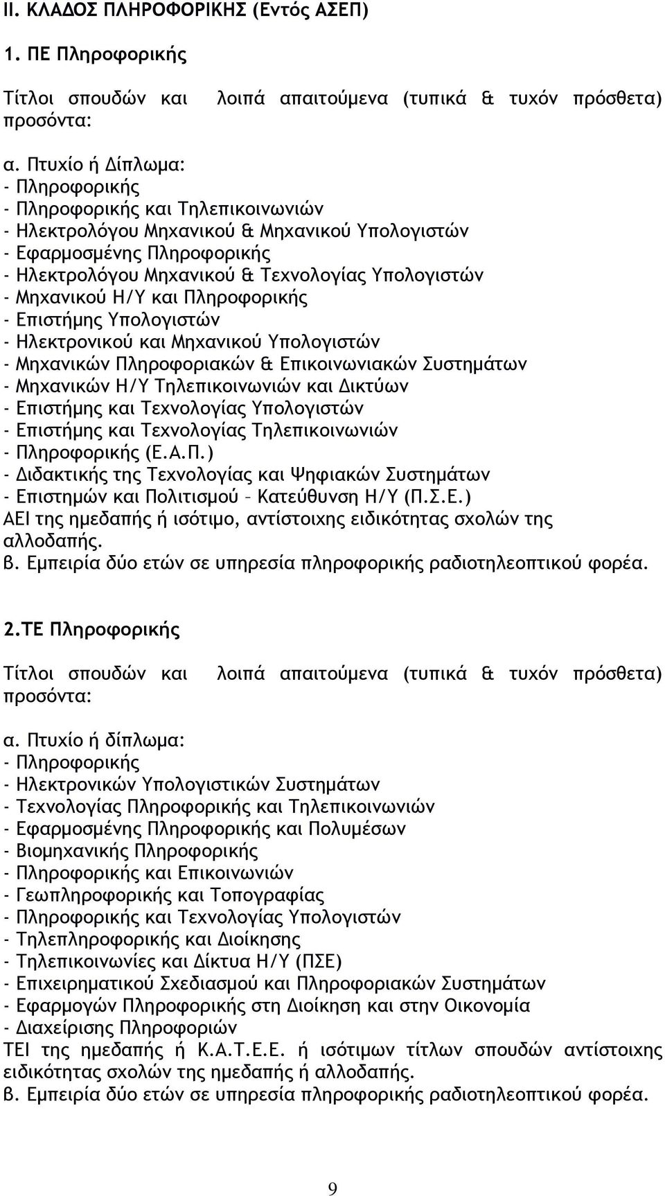 Μηχανικού Η/Υ και Πληροφορικής - Επιστήμης Υπολογιστών - Ηλεκτρονικού και Μηχανικού Υπολογιστών - Μηχανικών Πληροφοριακών & Επικοινωνιακών Συστημάτων - Μηχανικών Η/Υ Τηλεπικοινωνιών και Δικτύων -