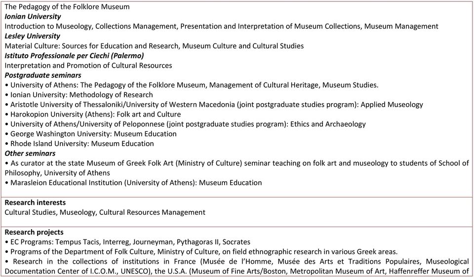 seminars University of Athens: The Pedagogy of the Folklore Museum, Management of Cultural Heritage, Museum Studies.