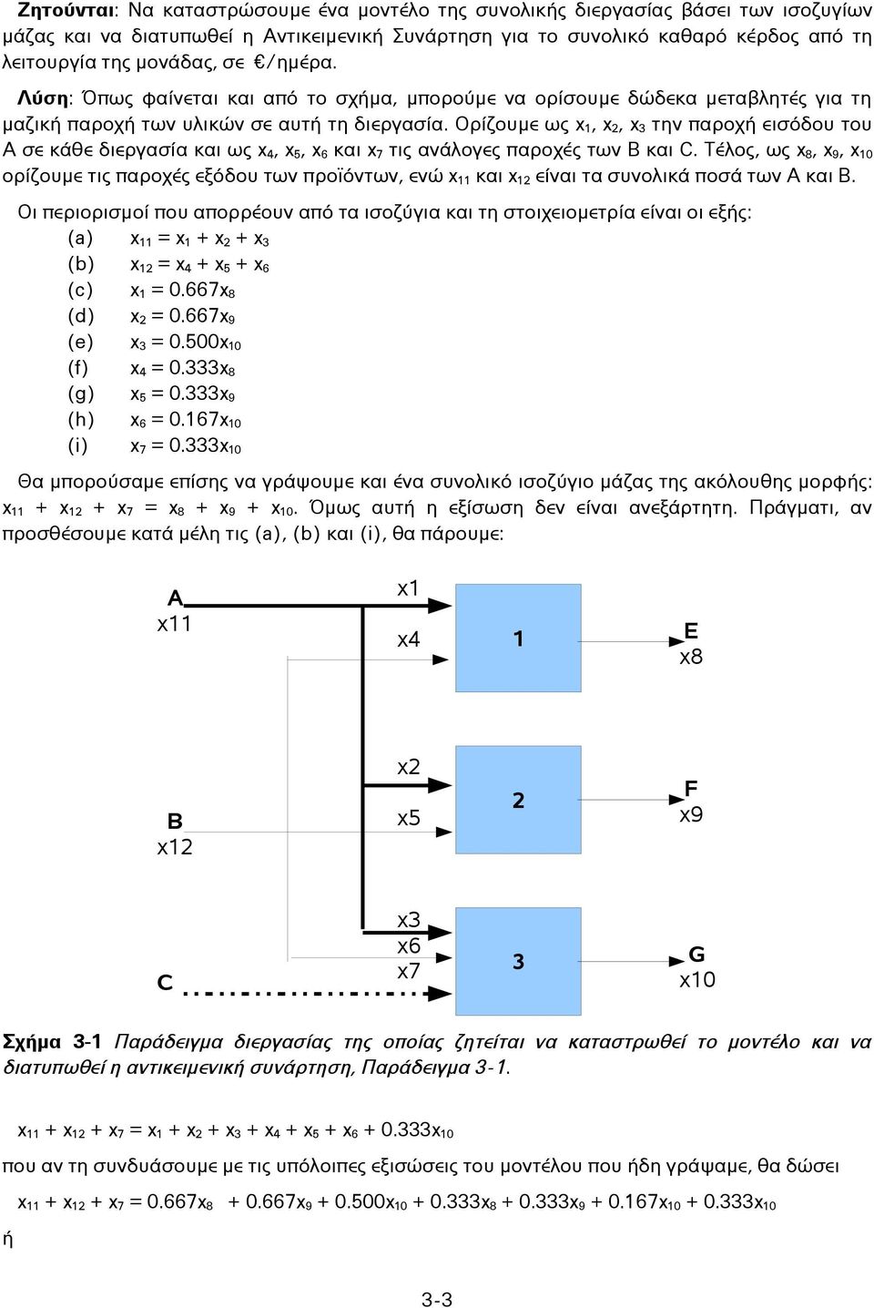 Ορίζουμε ως x 1, x 2, x 3 την παροχή εισόδου του Α σε κάθε διεργασία και ως x 4, x 5, x 6 και x 7 τις ανάλογες παροχές των Β και C.