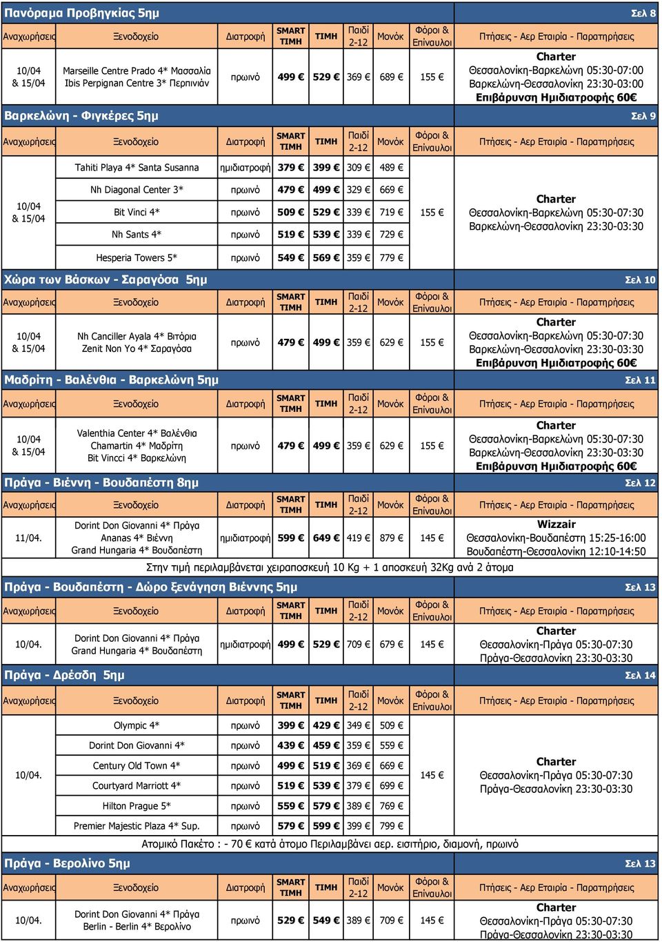 Center 3* πρωινό 479 499 329 669 Bit Vinci 4* πρωινό 509 529 339 719 Nh Sants 4* πρωινό 519 539 339 729 155 Θεσσαλονίκη-Βαρκελώνη 05:30-07:30 Βαρκελώνη-Θεσσαλονίκη 23:30-03:30 Hesperia Towers 5*