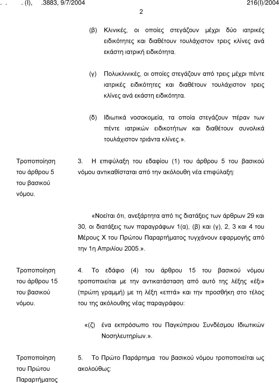 (δ) Ιδιωτικά νοσοκομεία, τα οποία στεγάζουν πέραν των πέντε ιατρικών ειδικοτήτων και διαθέτουν συνολικά τουλάχιστον τριάντα κλίνες.». Τροποποίηση του άρθρου 5 του βασικού νόμου. 3.