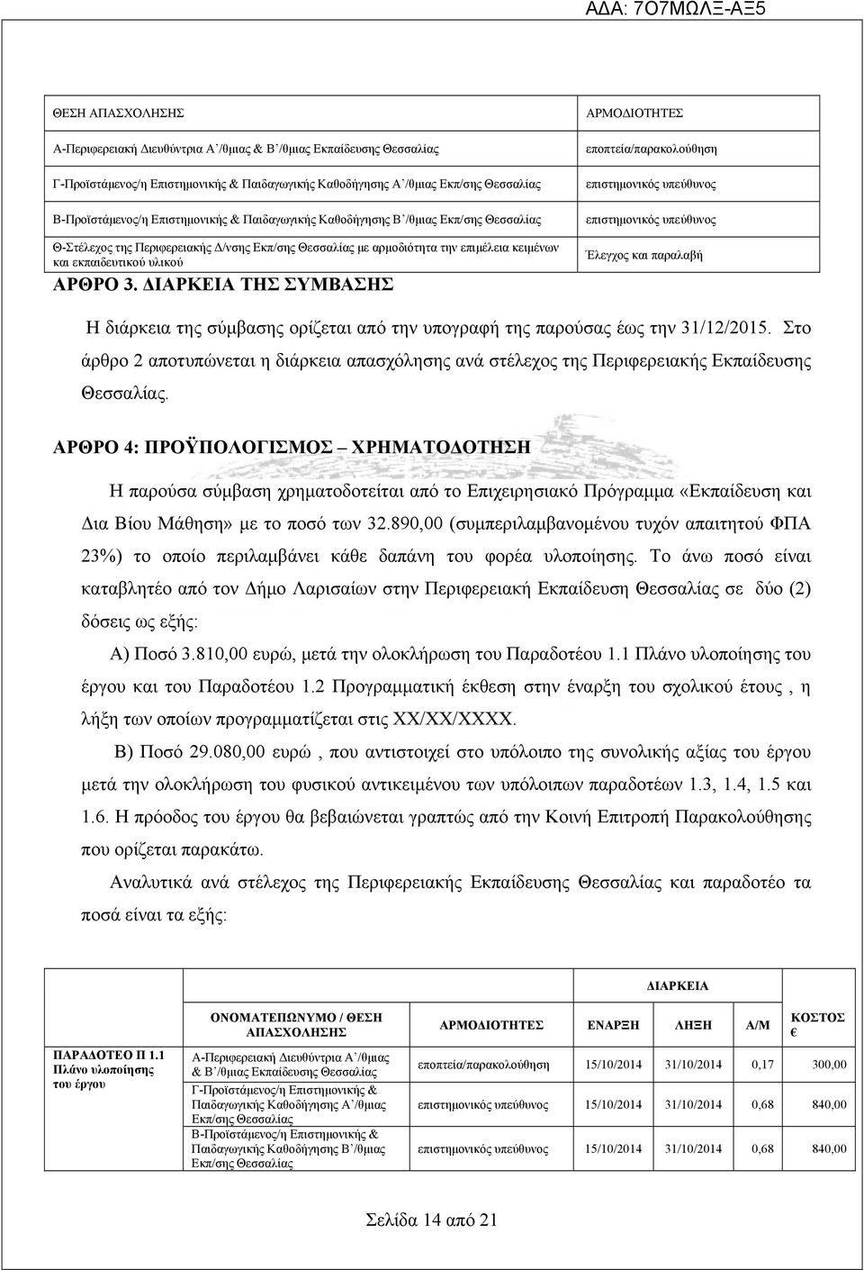 ΔΙΑΡΚΕΙΑ ΤΗΣ ΣΥΜΒΑΣΗΣ ΑΡΜΟΔΙΟΤΗΤΕΣ εποπτεία/παρακολούθηση επιστημονικός υπεύθυνος επιστημονικός υπεύθυνος Έλεγχος και παραλαβή Η διάρκεια της σύμβασης ορίζεται από την υπογραφή της παρούσας έως την