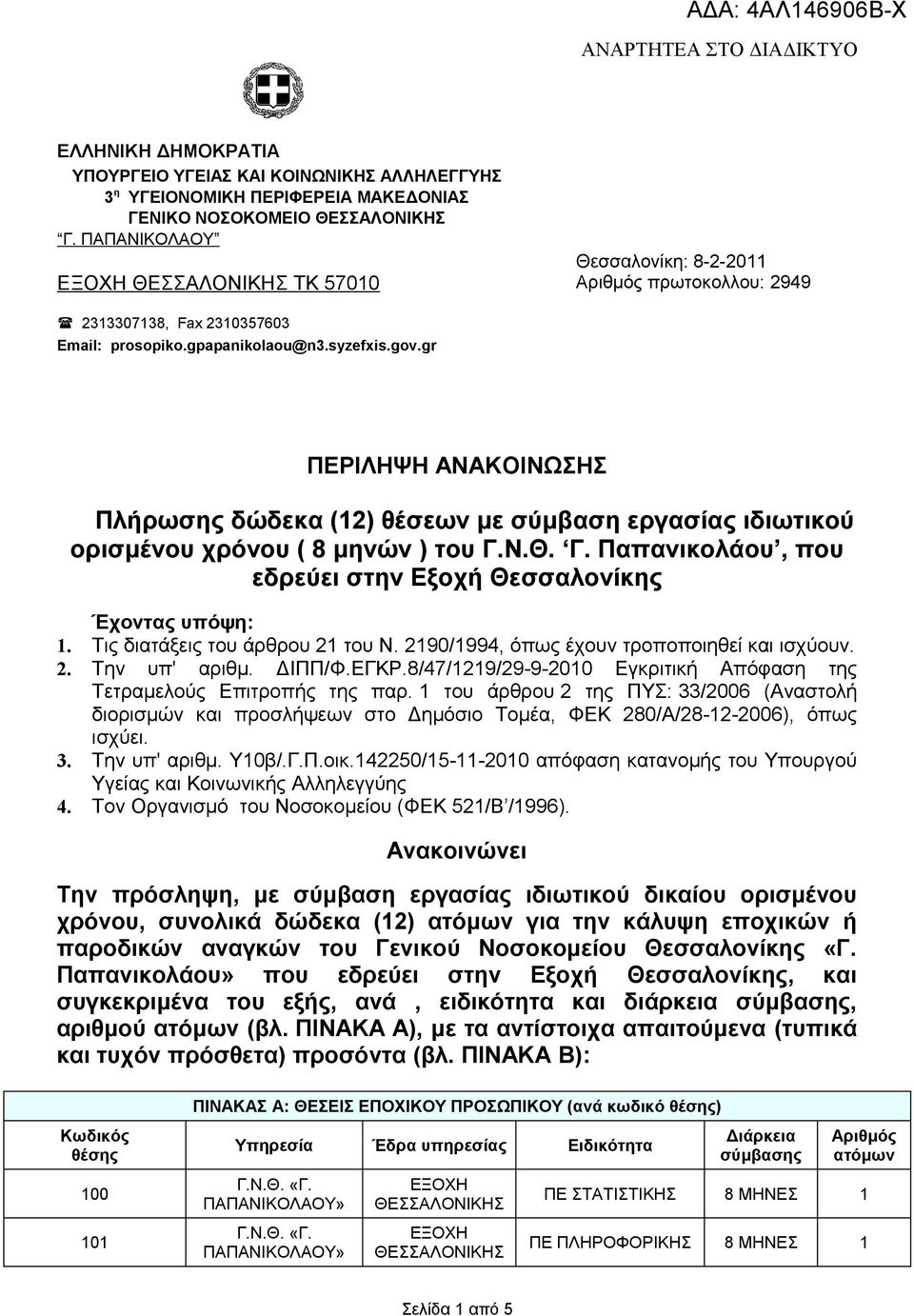 gr ΠΕΡΙΛΗΨΗ ΑΝΑΚΟΙΝΩΣΗΣ Πλήρωσης δώδεκα (12) θέσεων με σύμβαση εργασίας ιδιωτικού ορισμένου χρόνου ( 8 μηνών ) του Γ.Ν.Θ. Γ. Παπανικολάου, που εδρεύει στην Εξοχή Θεσσαλονίκης Έχοντας υπόψη: 1.