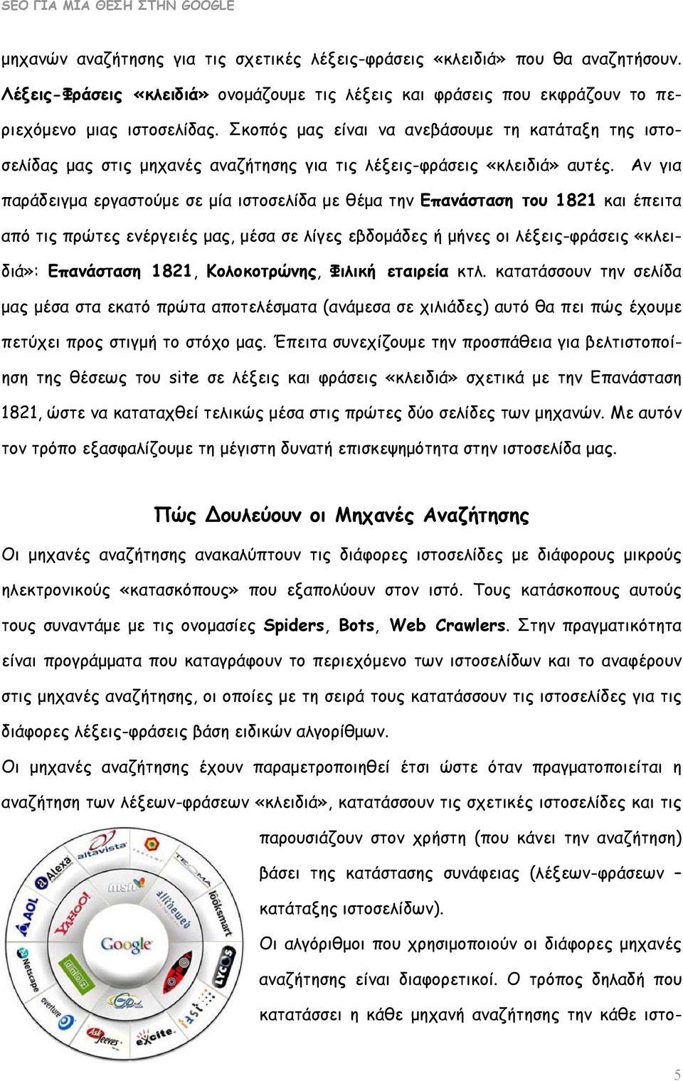 Αν για παράδειγμα εργαστούμε σε μία ιστοσελίδα με θέμα την Επανάσταση του 1821 και έπειτα από τις πρώτες ενέργειές μας, μέσα σε λίγες εβδομάδες ή μήνες οι λέξεις-φράσεις «κλειδιά»: Επανάσταση 1821,