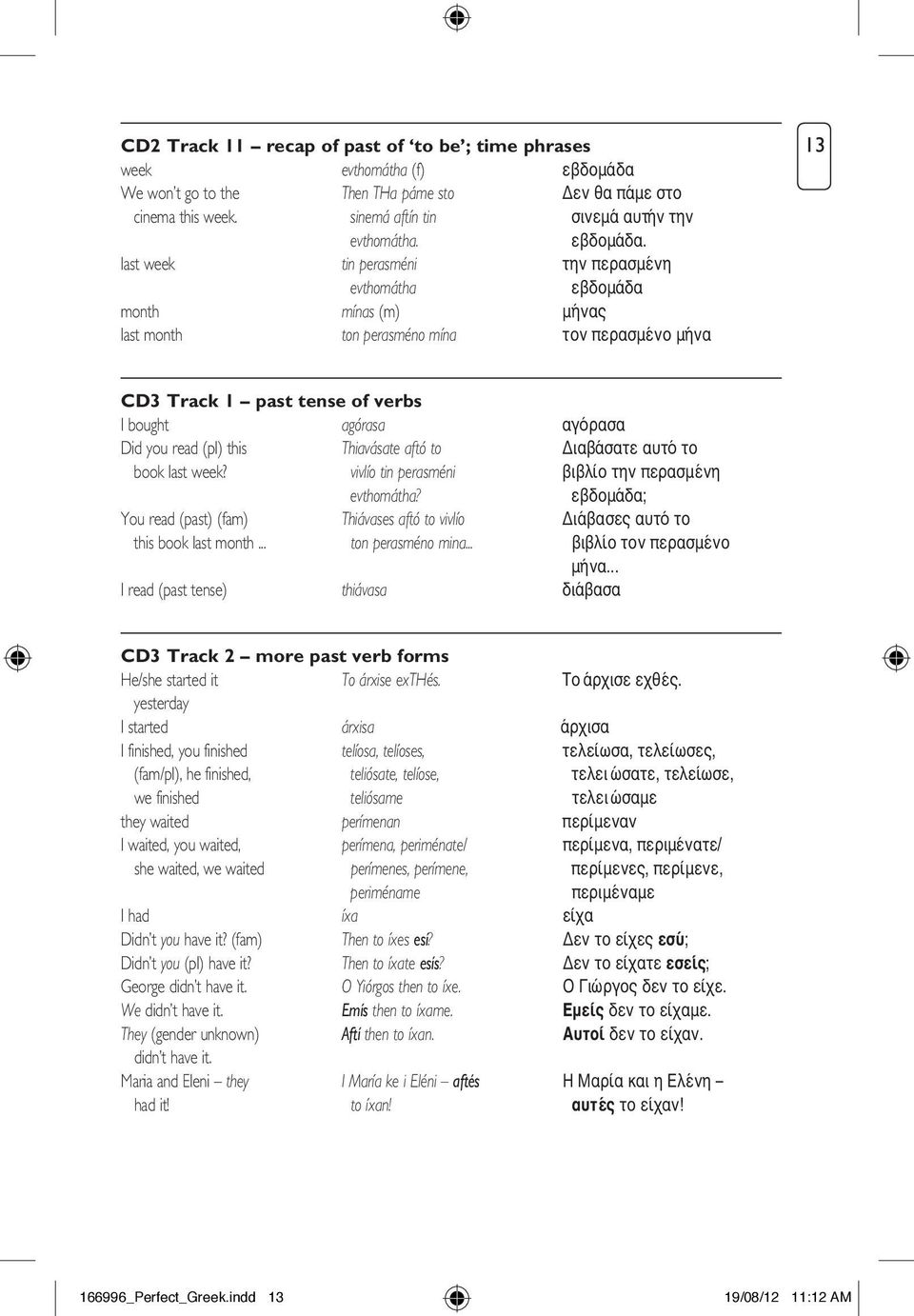 last week tin perasméni την περασμένη evthomátha εβδομάδα month mínas (m) μήνας last month ton perasméno mína τον περασμένο μήνα 13 CD3 Track 1 past tense of verbs I bought agórasa αγόρασα Did you
