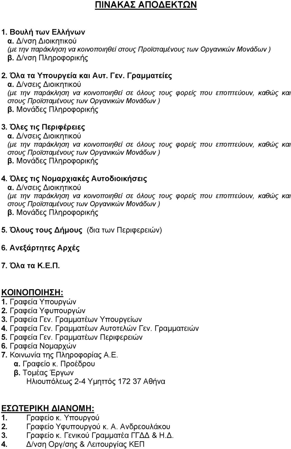 Όλες τις Περιφέρειες α. /νσεις ιοικητικού (µε την παράκληση να κοινοποιηθεί σε όλους τους φορείς που εποπτεύουν, καθώς και στους Προϊσταµένους των Οργανικών Μονάδων ) β. Μονάδες Πληροφορικής 4.