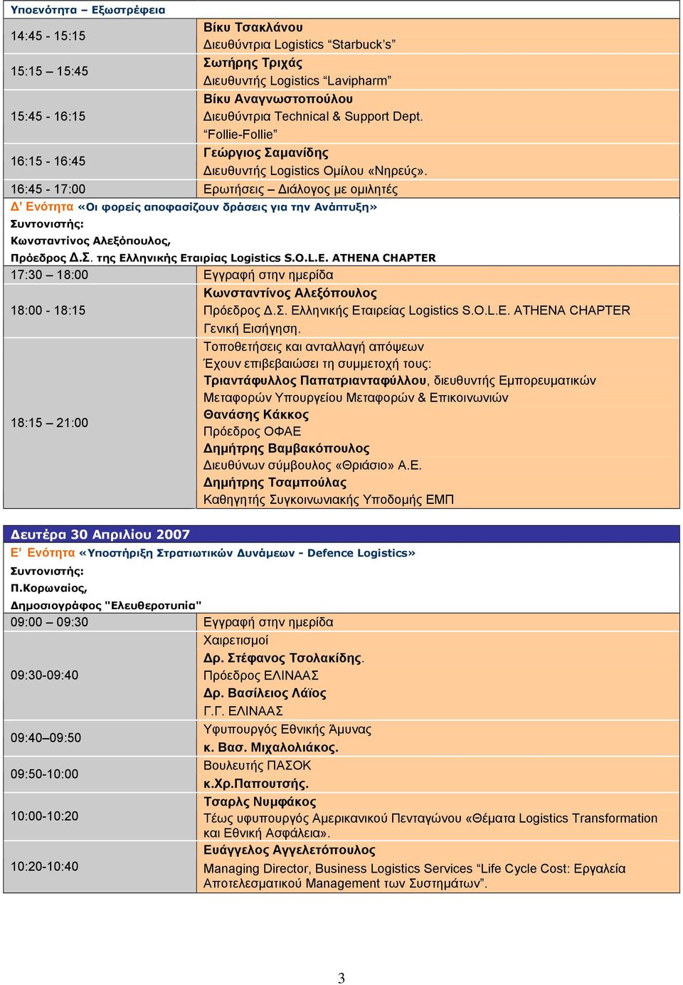 16:45-17:00 Ερωτήσεις ιάλογος µε οµιλητές Ενότητα «Οι φορείς αποφασίζουν δράσεις για την Ανάπτυξη» Κωνσταντίνος Αλεξόπουλος, Πρόεδρος.Σ. της Ελληνικής Εταιρίας Logistics S.O.L.E.