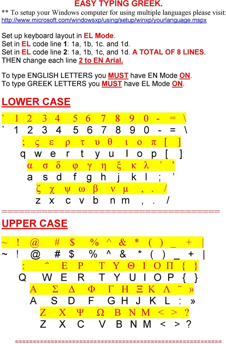 To type ENGLISH LETTERS you MUST have EN Mode ON. To type GREEK LETTERS you MUST have EL Mode ON.