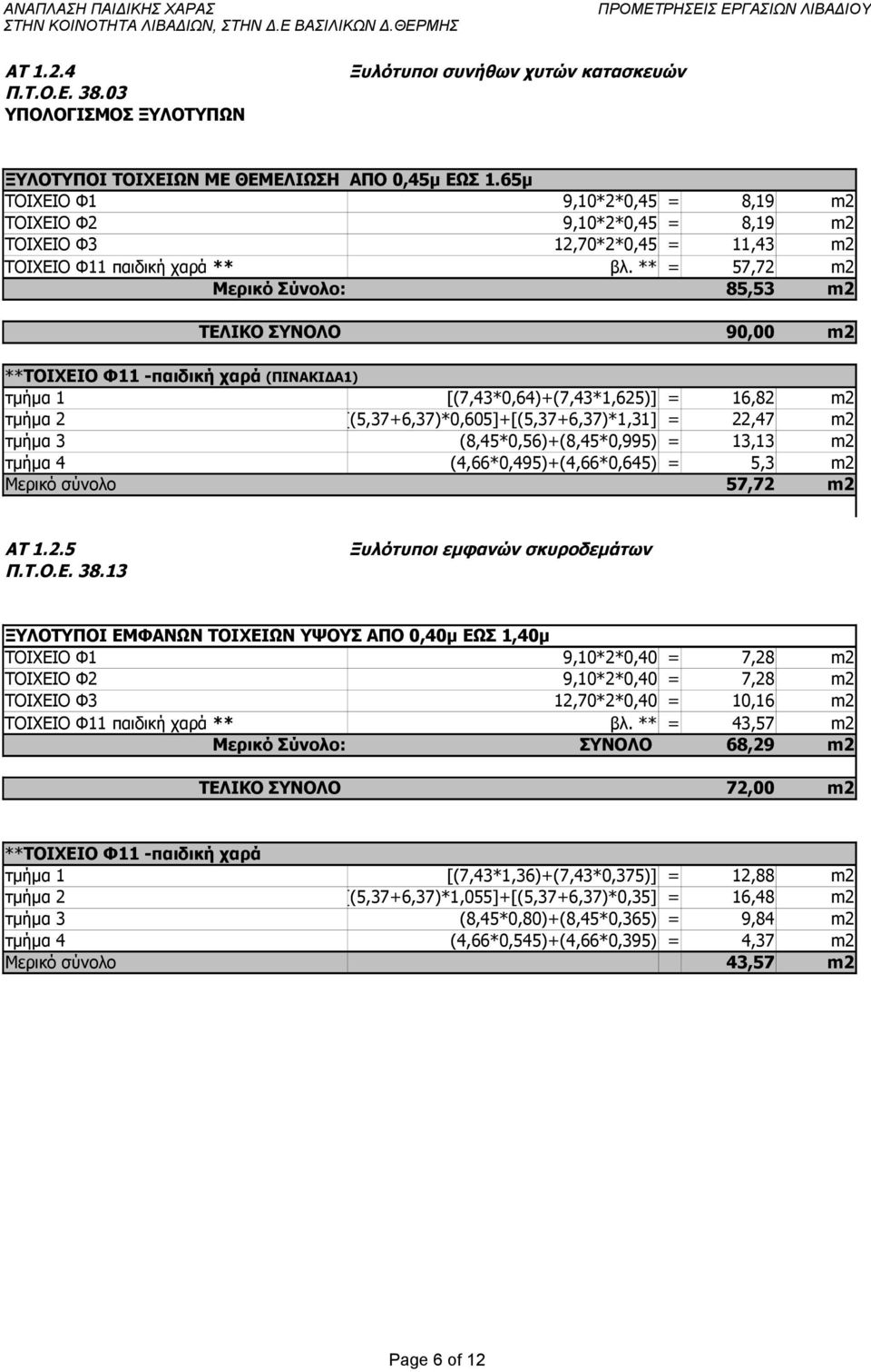 ** = 57,72 m2 Μερικό Σύνολο: 85,53 m2 ΤΕΛΙΚΟ ΣΥΝΟΛΟ 90,00 m2 **ΤΟΙΧΕΙΟ Φ11 -παιδική χαρά (ΠΙΝΑΚΙΔΑ1) τμήμα 1 [(7,43*0,64)+(7,43*1,625)] = 16,82 m2 τμήμα 2 [(5,37+6,37)*0,605]+[(5,37+6,37)*1,31] =