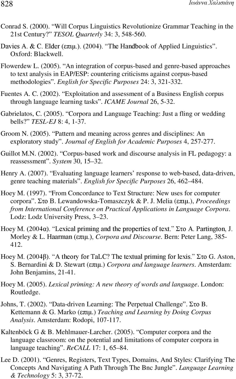 An integration of corpus-based and genre-based approaches to text analysis in EAP/ESP: countering criticisms against corpus-based methodologies. English for Specific Purposes 24: 3, 321-332.