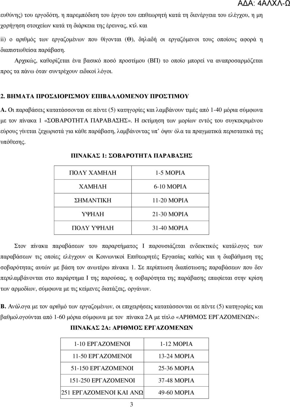 Αρχικώς, καθορίζεται ένα βασικό ποσό προστίµου (ΒΠ) το οποίο µπορεί να αναπροσαρµόζεται προς τα πάνω όταν συντρέχουν ειδικοί λόγοι. ΑΔΑ: 4ΑΛΧΛ-Ω 2. ΒΗΜΑΤΑ ΠΡΟΣ ΙΟΡΙΣΜΟΥ ΕΠΙΒΑΛΛΟΜΕΝΟΥ ΠΡΟΣΤΙΜΟΥ A.