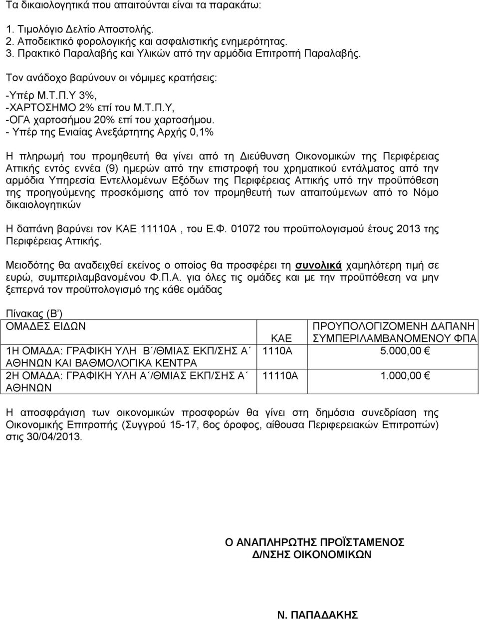 - Υπέρ της Ενιαίας Ανεξάρτητης Αρχής 0,1% Η πληρωμή του προμηθευτή θα γίνει από τη Διεύθυνση Οικονομικών της Περιφέρειας Αττικής εντός εννέα (9) ημερών από την επιστροφή του χρηματικού εντάλματος από