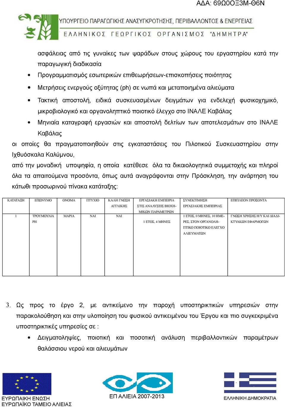 εργασιών και αποστολή δελτίων των αποτελεσμάτων στο ΙΝΑΛΕ Καβάλας οι οποίες θα πραγματοποιηθούν στις εγκαταστάσεις του Πιλοτικού Συσκευαστηρίου στην Ιχθυόσκαλα Καλύμνου, από την μοναδική υποψηφία, η