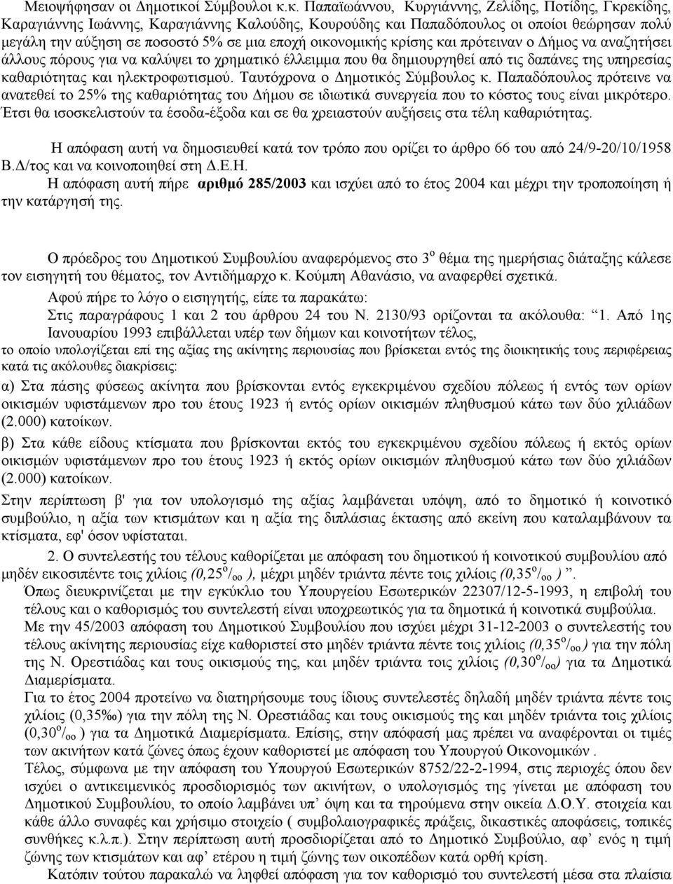 κ. Παπαϊωάννου, Κυργιάννης, Ζελίδης, Ποτίδης, Γκρεκίδης, Καραγιάννης Ιωάννης, Καραγιάννης Καλούδης, Κουρούδης και Παπαδόπουλος οι οποίοι θεώρησαν πολύ μεγάλη την αύξηση σε ποσοστό 5% σε μια εποχή