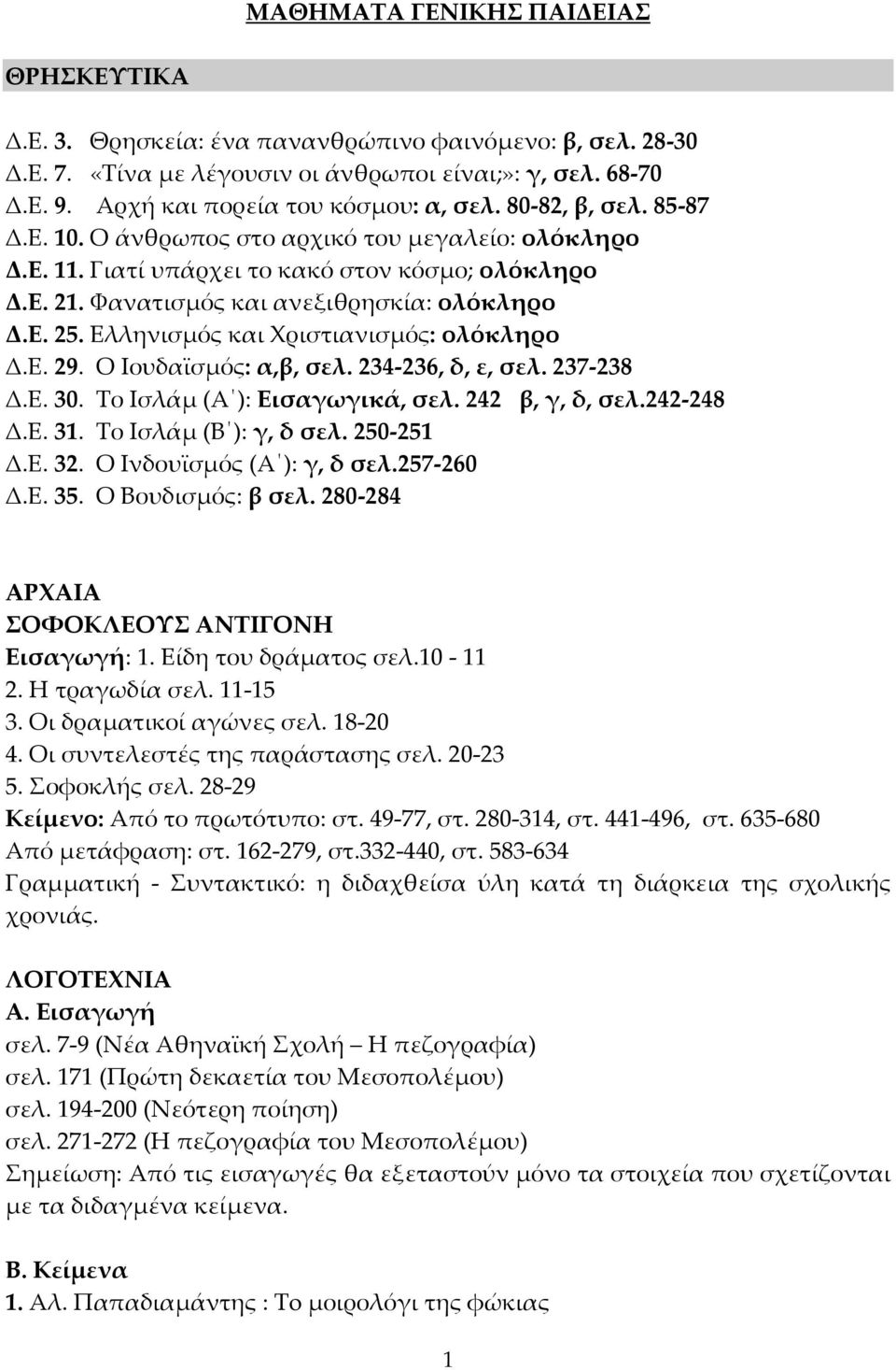 Φανατισμός και ανεξιθρησκία: ολόκληρο Δ.Ε. 25. Ελληνισμός και Χριστιανισμός: ολόκληρο Δ.Ε. 29. Ο Ιουδαϊσμός: α,β, σελ. 234 236, δ, ε, σελ. 237 238 Δ.Ε. 30. Το Ισλάμ (Α ): Εισαγωγικά, σελ.