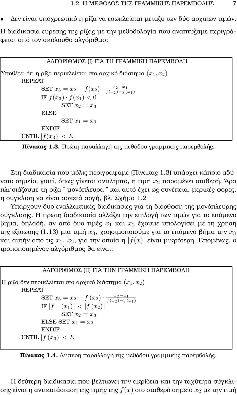 διάστηµα (x 1, x 2) REPEAT x SET x 3 = x 2 f(x 2) 2 x 1 f(x 2 ) f(x 1 ) IF f(x 3) f(x 1) < 0 SET x 2 = x 3 ELSE SET x 1 = x 3 ENDIF UNTIL f(x 3) < E Πίνακας 1.3. Πρώτη παραλλαγή της µεθόδου γραµµικής παρεµβολής.