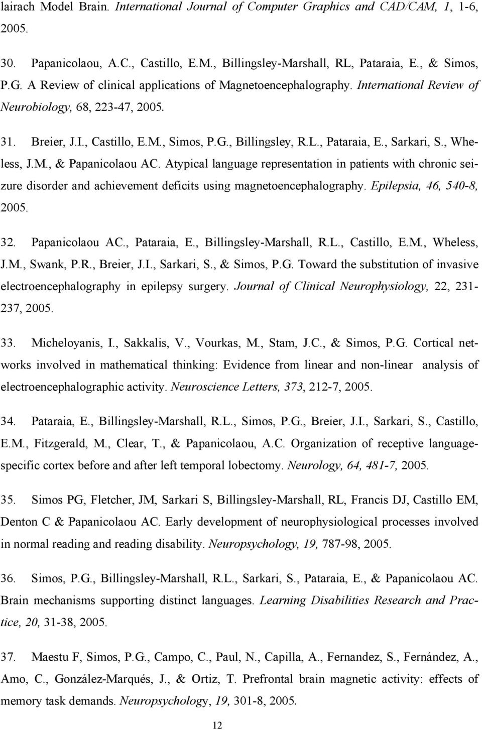 Atypical language representation in patients with chronic seizure disorder and achievement deficits using magnetoencephalography. Epilepsia, 46, 540-8, 2005. 32. Papanicolaou AC., Pataraia, E.
