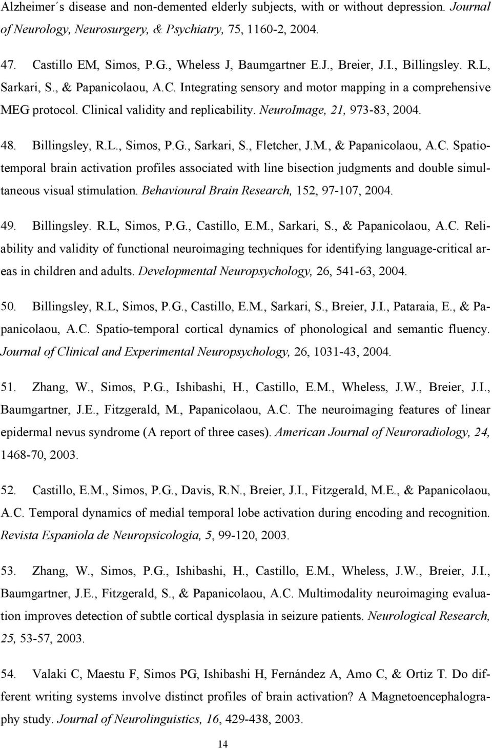 Clinical validity and replicability. NeuroImage, 21, 973-83, 2004. 48. Billingsley, R.L., Simos, P.G., Sarkari, S., Fletcher, J.M., & Papanicolaou, A.C. Spatiotemporal brain activation profiles associated with line bisection judgments and double simultaneous visual stimulation.