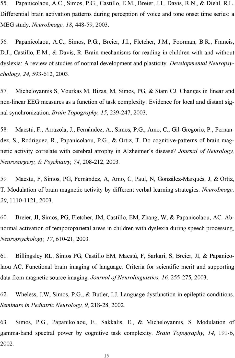 Brain mechanisms for reading in children with and without dyslexia: A review of studies of normal development and plasticity. Developmental Neuropsychology, 24, 593-612, 2003. 57.