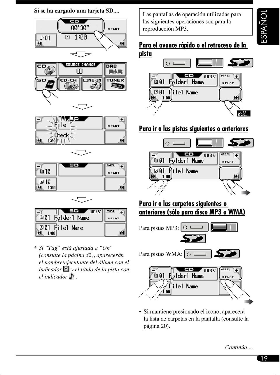 para disco MP3 o WMA) Para pistas MP3: * Si Tag está ajustada a On (consulte la página 32), aparecerán el nombre/ejecutante del álbum con el indicador y