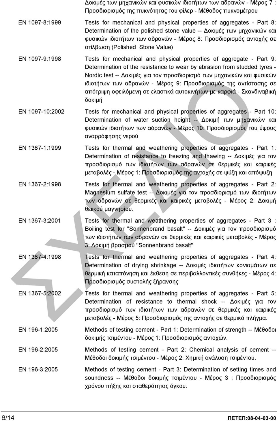 1097-9:1998 Tests for mechanical and physical properties of aggregate - Part 9: Determination of the resistance to wear by abrasion from studded tyres - Nordic test -- οκιµές για τον προσδιορισµό των