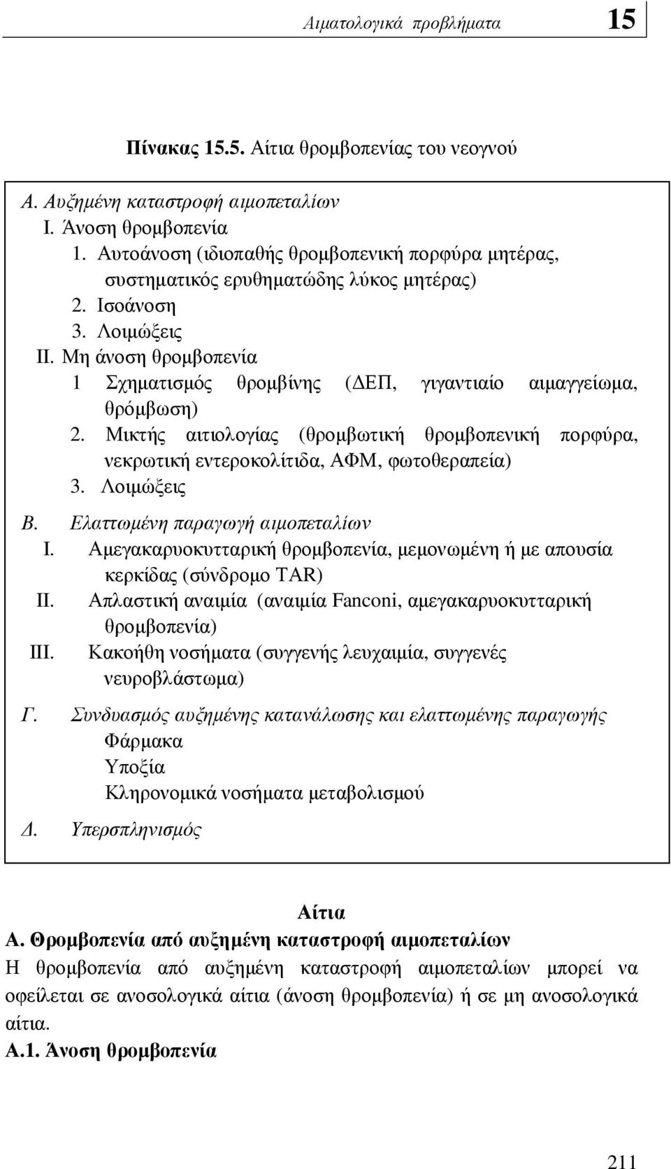 Μικτής αιτιολογίας (θροµβωτική θροµβοπενική πορφύρα, νεκρωτική εντεροκολίτιδα, ΑΦΜ, φωτοθεραπεία) 3. Λοιµώξεις Β. Ελαττωµένη παραγωγή αιµοπεταλίων I.