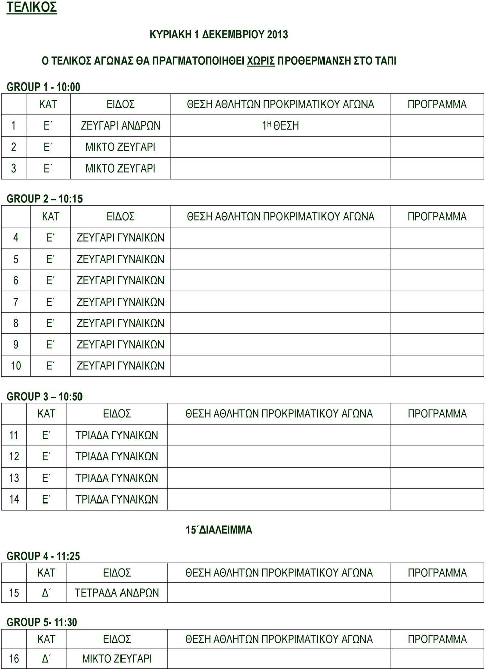 ΘΕΣΗ 2 Ε 3 Ε GROUP 2 10:15 4 Ε 5 Ε 6 Ε 7 Ε 8 Ε 9 Ε 10 Ε GROUP 3