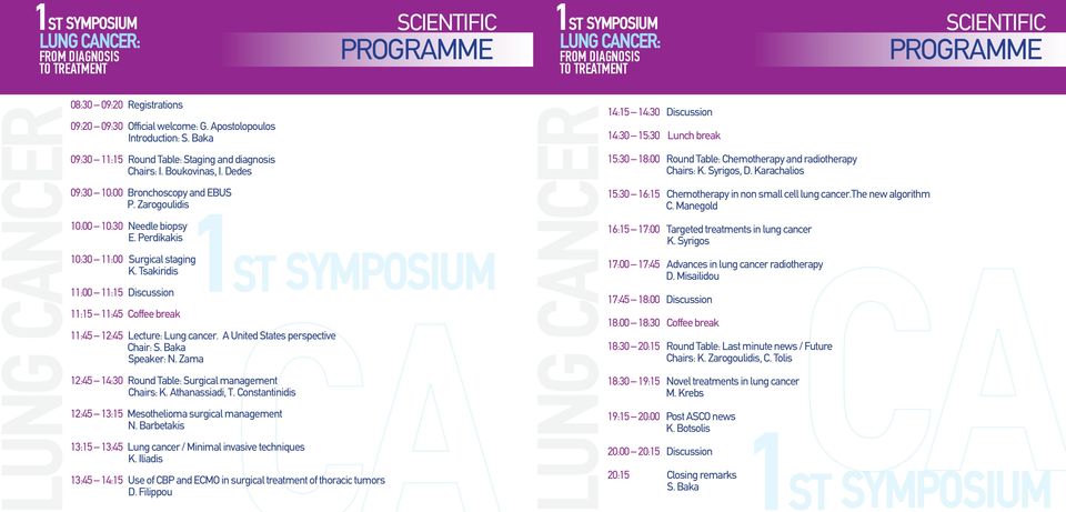 Perdikakis 10:30 11:00 Surgical staging K. Tsakiridis 11:00 11:15 Discussion 11:15 11:45 Coffee break 1ST 11:45 12:45 Lecture: Lung cancer. A United States perspective Chair: S. Baka Speaker: N.