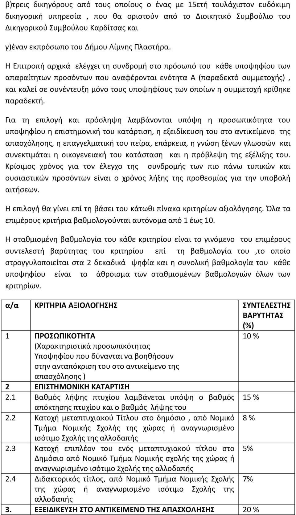 Η Επιτροπή αρχικά ελέγχει τη συνδρομή στο πρόσωπό του κάθε υποψηφίου των απαραίτητων προσόντων που αναφέρονται ενότητα Α (παραδεκτό συμμετοχής), και καλεί σε συνέντευξη μόνο τους υποψηφίους των