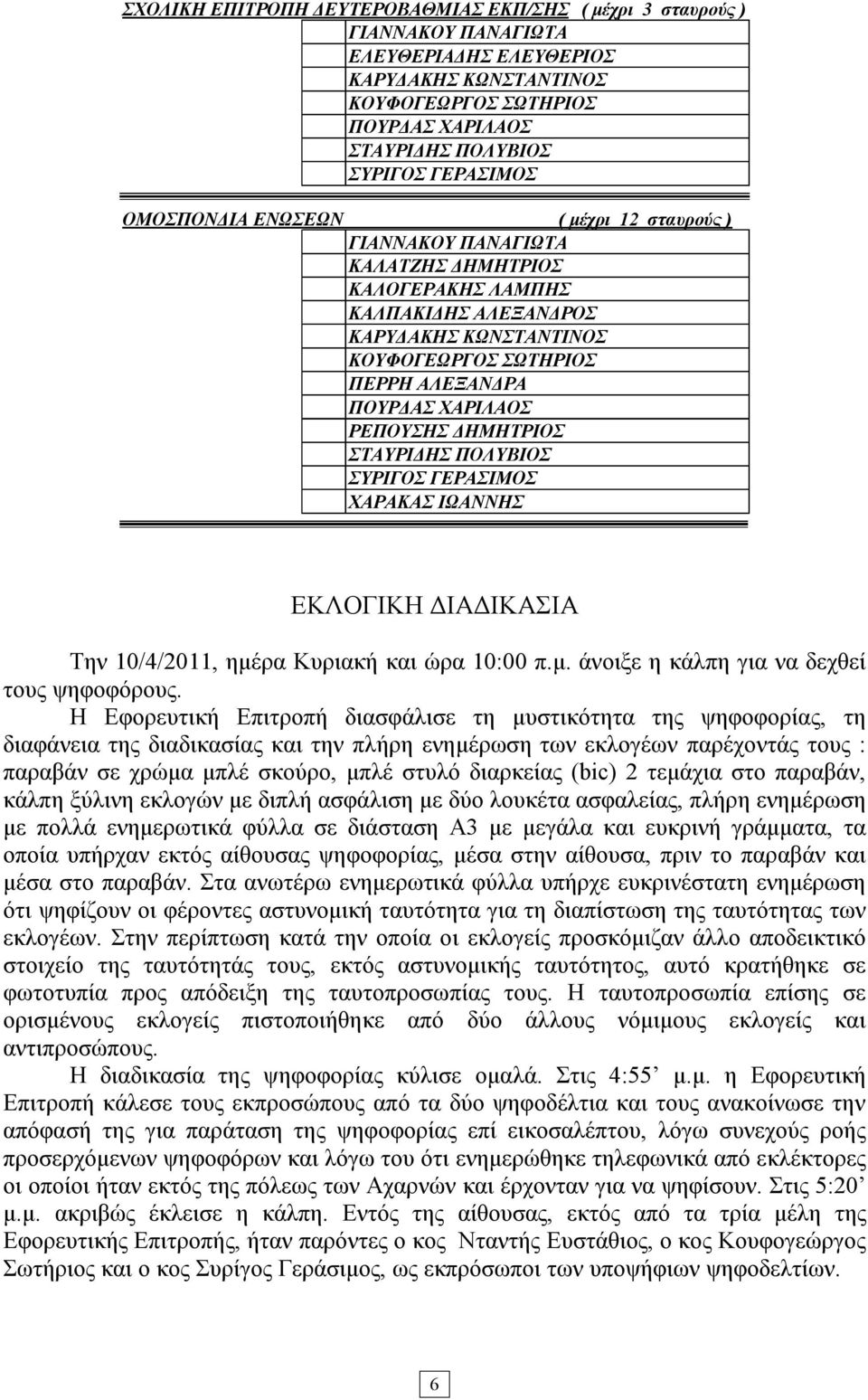 ΧΑΡΙΛΑΟΣ ΡΕΠΟΥΣΗΣ ΔΗΜΗΤΡΙΟΣ ΣΤΑΥΡΙΔΗΣ ΠΟΛΥΒΙΟΣ ΣΥΡΙΓΟΣ ΓΕΡΑΣΙΜΟΣ ΧΑΡΑΚΑΣ ΙΩΑΝΝΗΣ ΕΚΛΟΓΙΚΗ ΔΙΑΔΙΚΑΣΙΑ Την 10/4/2011, ημέρα Κυριακή και ώρα 10:00 π.μ. άνοιξε η κάλπη για να δεχθεί τους ψηφοφόρους.