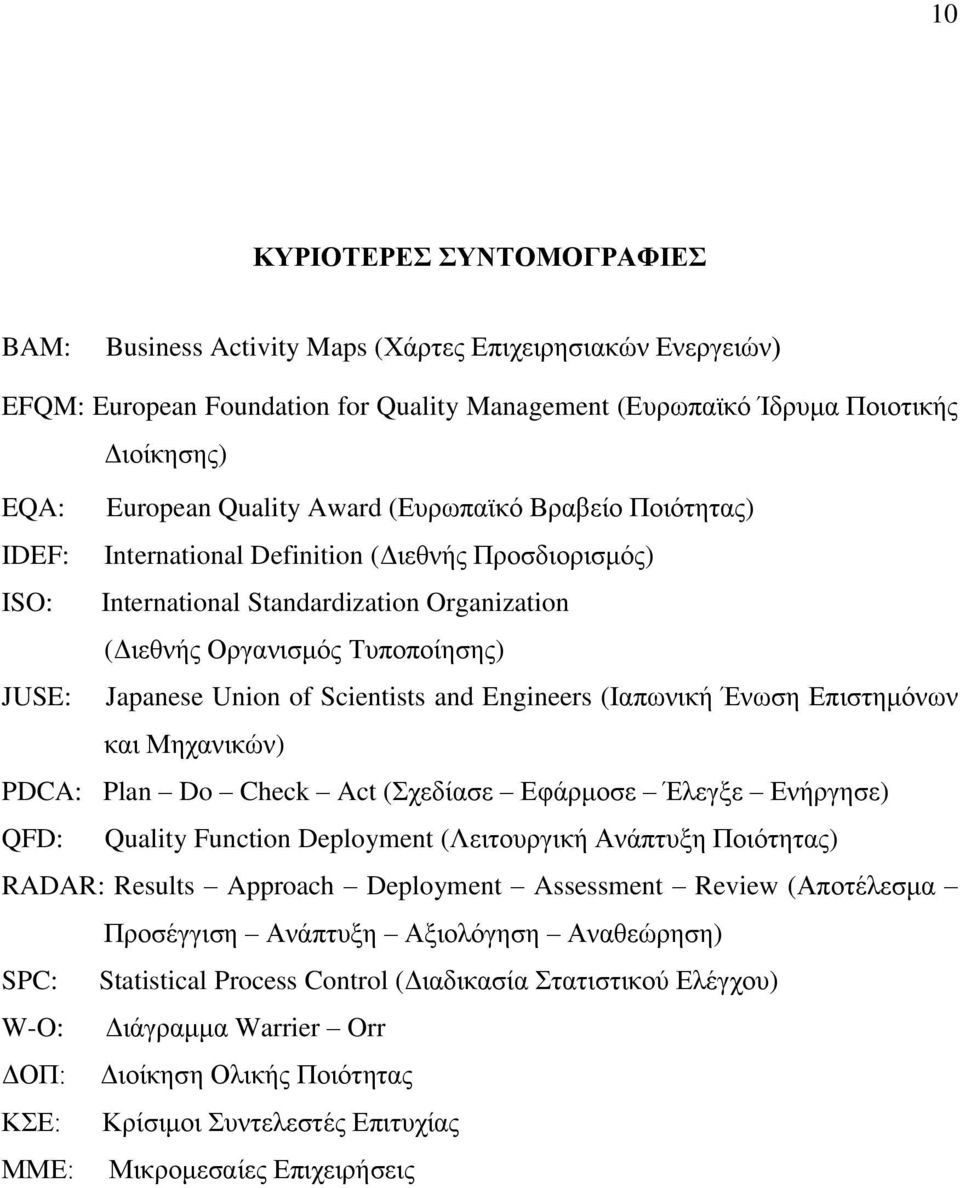 Union of Scientists and Engineers (Ιαπωνική Ένωση Επιστημόνων και Μηχανικών) PDCA: Plan Do Check Act (Σχεδίασε Εφάρμοσε Έλεγξε Ενήργησε) QFD: Quality Function Deployment (Λειτουργική Ανάπτυξη