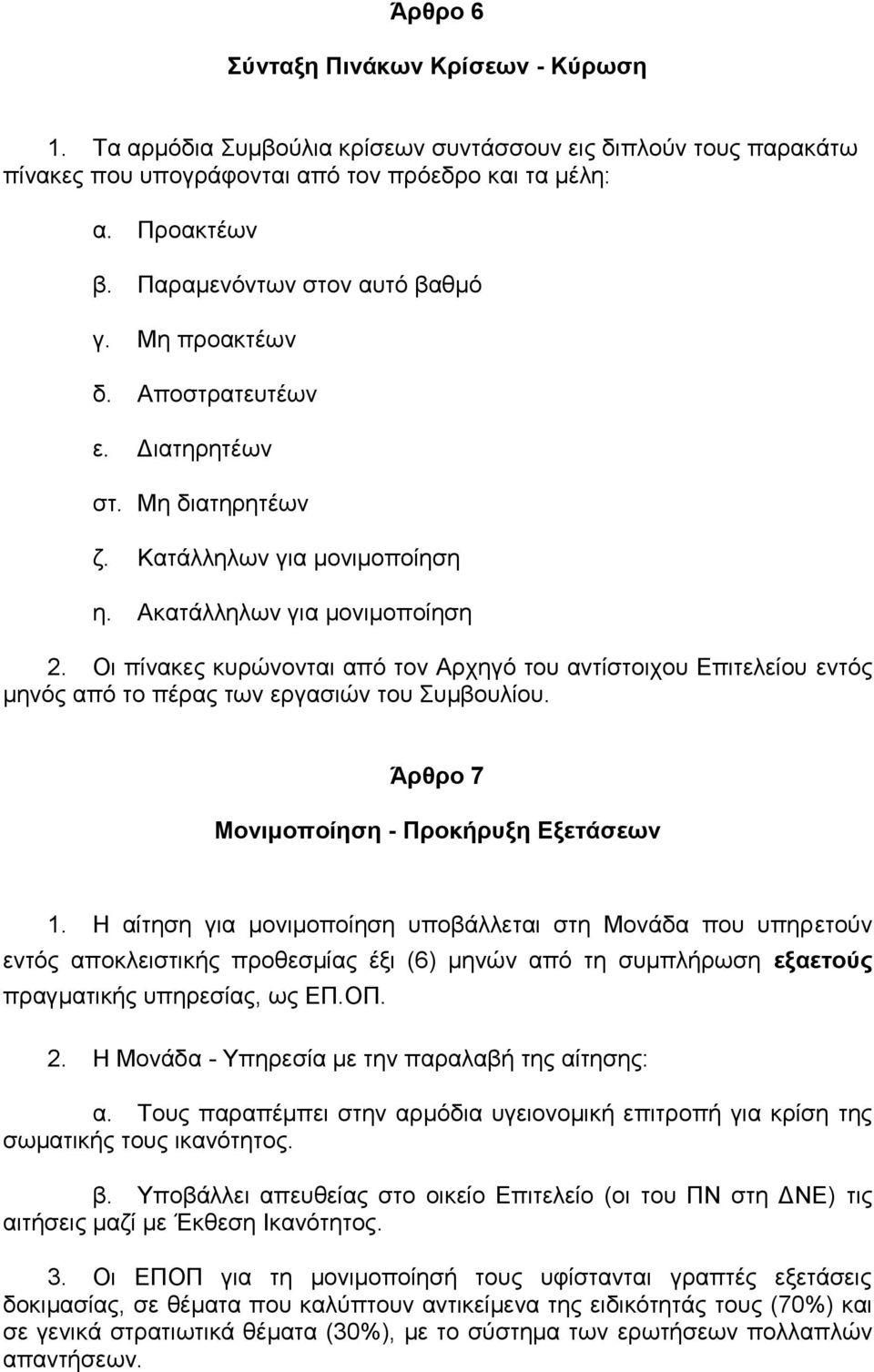 Οι πίνακες κυρώνονται από τον Αρχηγό του αντίστοιχου Επιτελείου εντός μηνός από το πέρας των εργασιών του Συμβουλίου. Άρθρο 7 Μονιμοποίηση - Προκήρυξη Εξετάσεων 1.