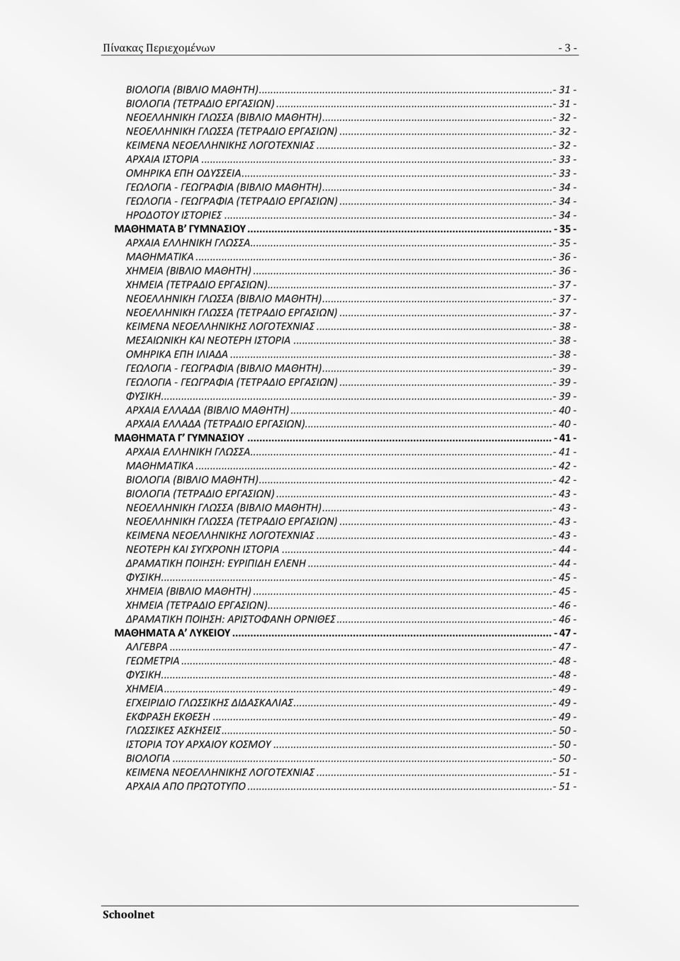 .. - 34 - ΗΡΟΔΟΣΟΤ ΙΣΟΡΙΕ... - 34 - ΜΑΘΗΜΑΣΑ Β ΓΤΜΝΑΙΟΤ... - 35 - ΑΡΧΑΙΑ ΕΛΛΗΝΙΚΗ ΓΛΩΑ... - 35 - ΜΑΘΗΜΑΣΙΚΑ... - 36 - ΧΗΜΕΙΑ (ΒΙΒΛΙΟ ΜΑΘΗΣΗ)... - 36 - ΧΗΜΕΙΑ (ΣΕΣΡΑΔΙΟ ΕΡΓΑΙΩΝ).