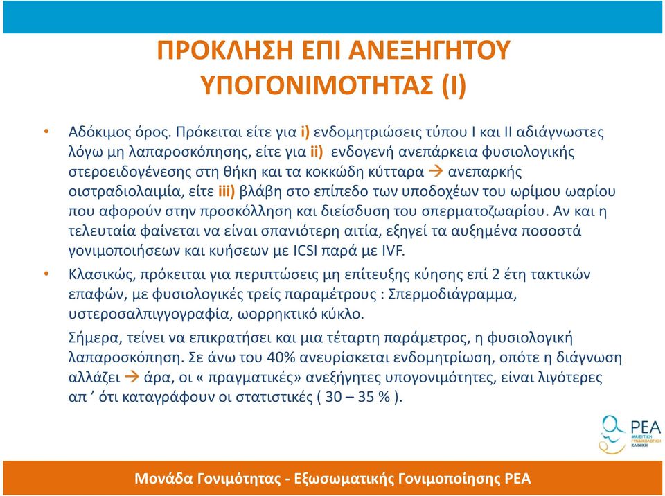 οιστραδιολαιμία, είτε iii) βλάβη στο επίπεδο των υποδοχέων του ωρίμου ωαρίου που αφορούν στην προσκόλληση και διείσδυση του σπερματοζωαρίου.
