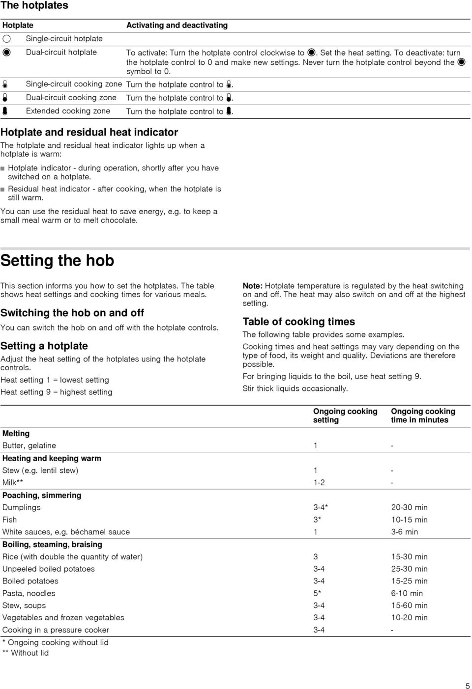 ã Dual-circuit cooking zone Turn the hotplate control to ã. ä Extended cooking zone Turn the hotplate control to ä.