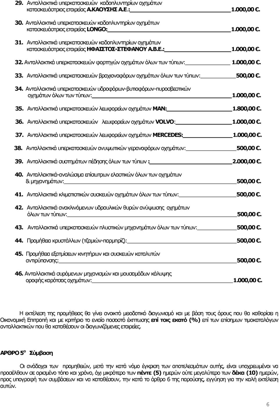 000,00. 33. Ανταλλακτικά υπερκατασκευών βραχιονοφόρων οχηµάτων όλων των τύπων: 500,00. 34. Ανταλλακτικά υπερκατασκευών υδροφόρων-βυτιοφόρων-πυροσβεστικών οχηµάτων όλων των τύπων: 1.000,00. 35.