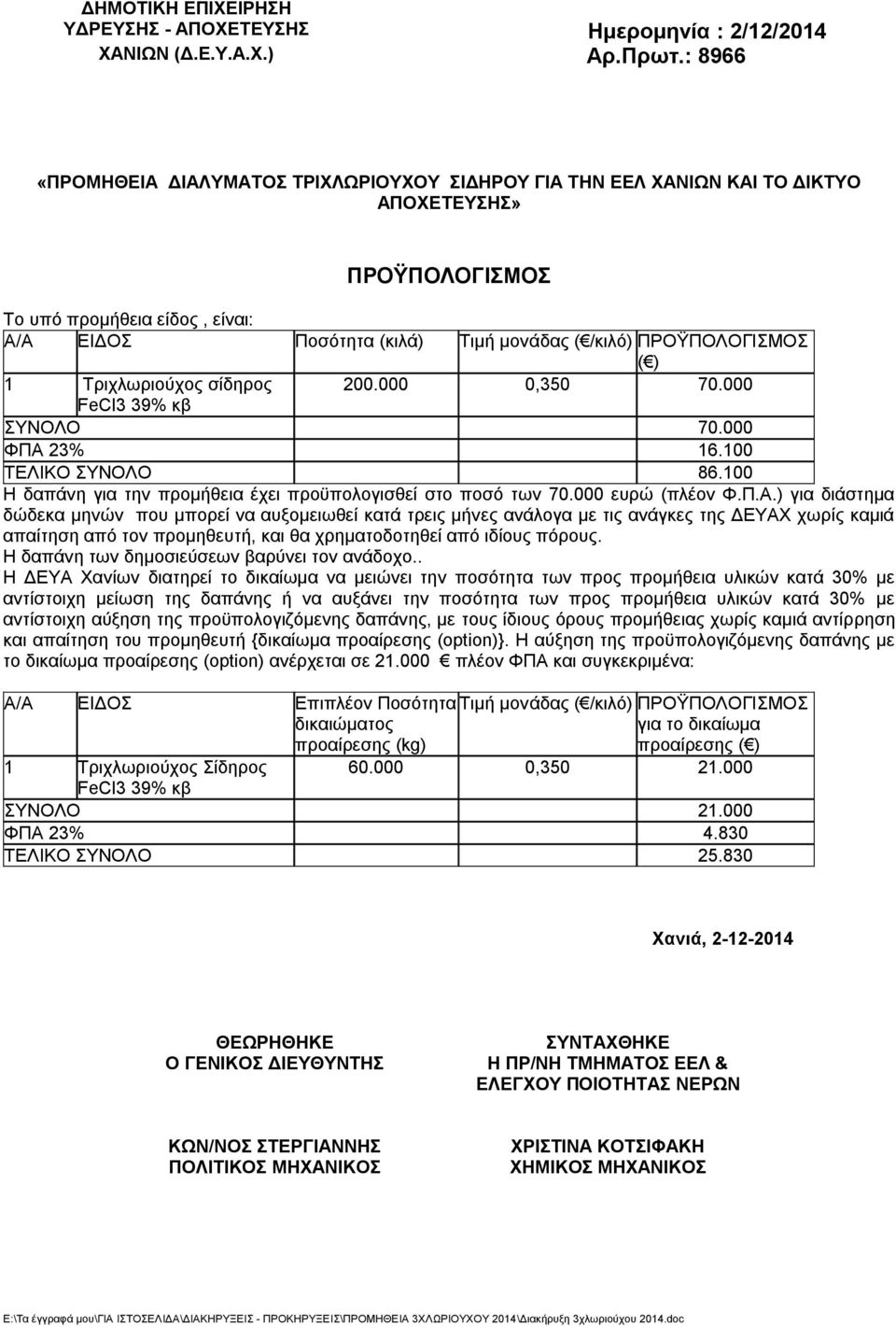 ΠΡΟΫΠΟΛΟΓΙΣΜΟΣ ( ) 1 Τριχλωριούχος σίδηρος 200.000 0,350 70.000 FeCl3 39% κβ ΣΥΝΟΛΟ 70.000 ΦΠΑ 23% 16.100 ΤΕΛΙΚΟ ΣΥΝΟΛΟ 86.100 Η δαπάνη για την προμήθεια έχει προϋπολογισθεί στο ποσό των 70.