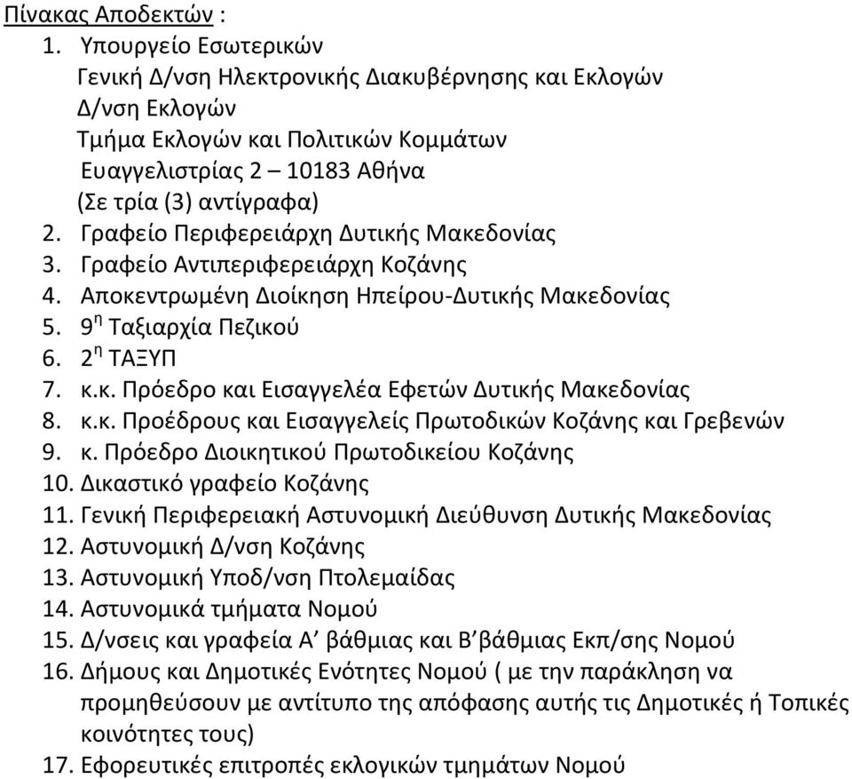 Γραφείο Περιφερειάρχη Δυτικής Μακεδονίας 3. Γραφείο Αντιπεριφερειάρχη Κοζάνης 4. Αποκεντρωμένη Διοίκηση Ηπείρου-Δυτικής Μακεδονίας 5. 9 η Ταξιαρχία Πεζικού 6. 2 η ΤΑΞΥΠ 7. κ.κ. Πρόεδρο και Εισαγγελέα Εφετών Δυτικής Μακεδονίας 8.