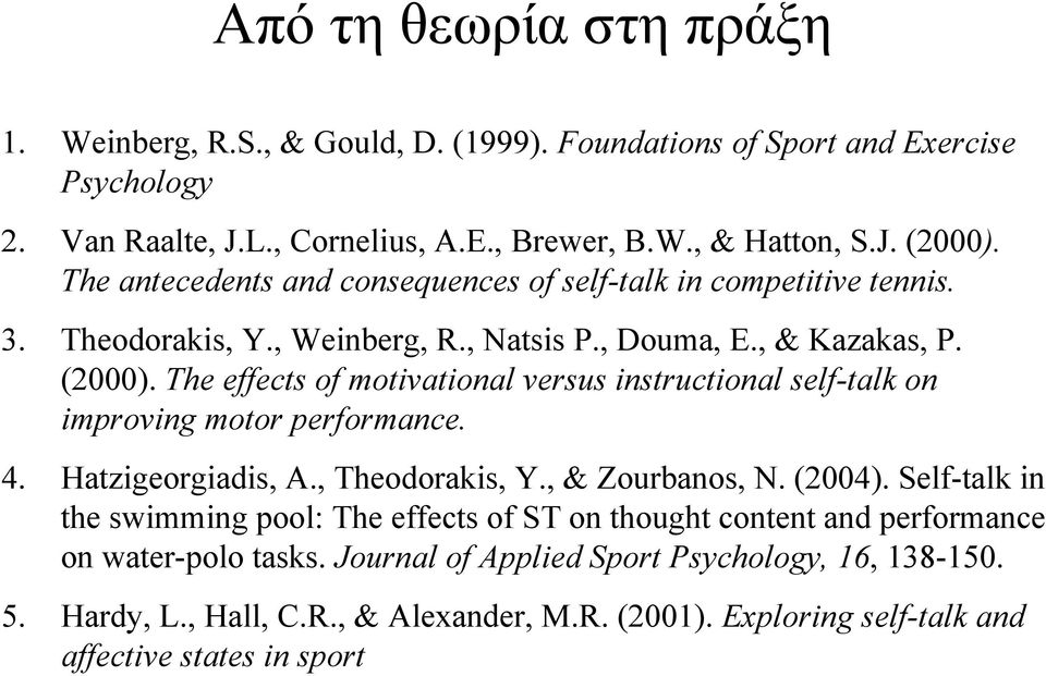 The effects of motivational versus instructional self-talk on improving motor performance. 4. Hatzigeorgiadis, A., Theodorakis, Y., & Zourbanos, N. (2004).
