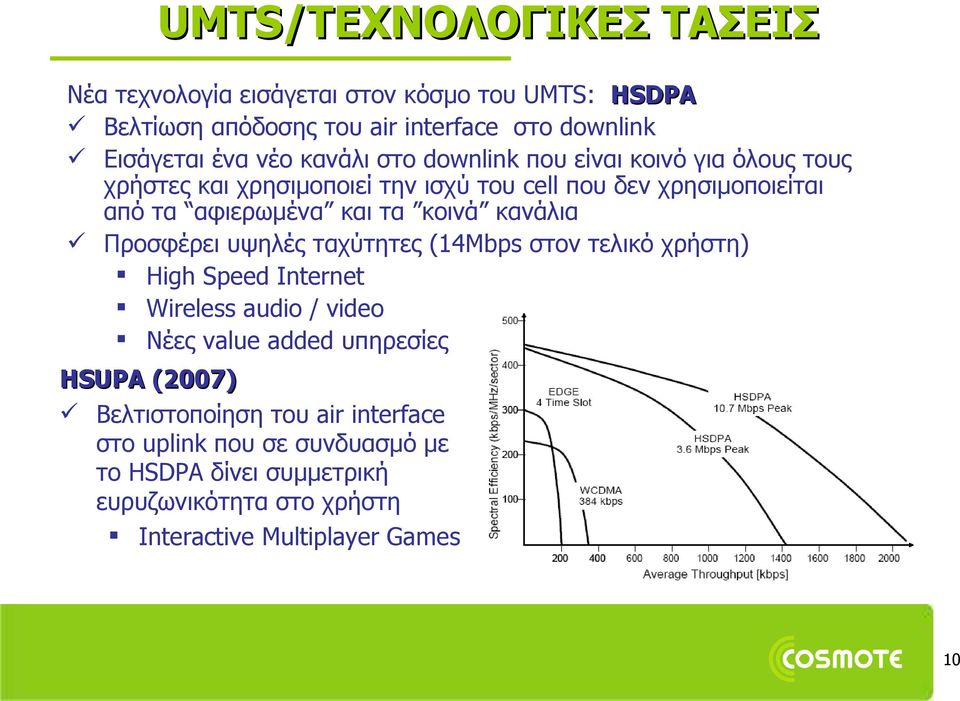 κανάλια Προσφέρει υψηλές ταχύτητες (14Mbps στον τελικό χρήστη) High Speed Internet Wireless audio / video Νέες value added υπηρεσίες HSUPA (2007)