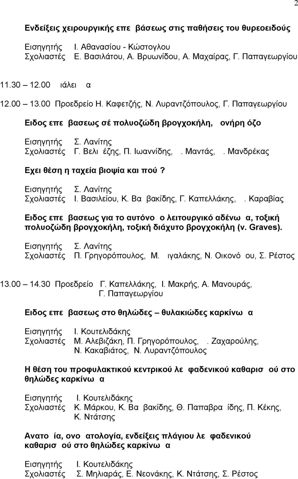 Βασιλείου, Κ. Βαμβακίδης, Γ. Καπελλάκης, Δ. Καραβίας Ειδος επεμβασεως για το αυτόνομο λειτουργικό αδένωμα, τοξική πολυοζώδη βρογχοκήλη, τοξική διάχυτο βρογχοκήλη (ν. Graves). Σ. Λανίτης Π.