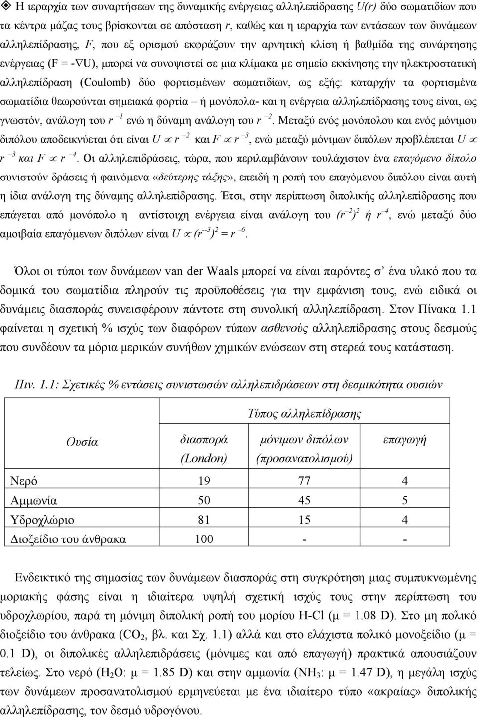 φορτισµένων σωµατιδίων, ως εξής: καταρχήν τα φορτισµένα σωµατίδια θεωρούνται σηµειακά φορτία ή µονόπολα- και η ενέργεια αλληλεπίδρασης τους είναι, ως γνωστόν, ανάλογη του r 1 ενώ η δύναµη ανάλογη του