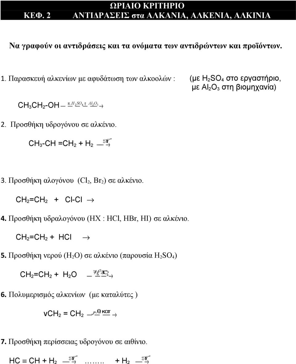 CH 3 -CH =CH 2 + H 2 Ni 3. Προσθήκη αλογόνου (Cl 2, Br 2 ) σε αλκένιο. CH 2 =CH 2 + Cl-Cl 4. Προσθήκη υδραλογόνου (ΗΧ : HCl, HBr, HI) σε αλκένιο. CH 2 =CH 2 + HCl 5.