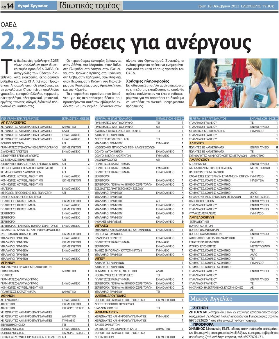 Οι ειδικότητες με τη μεγαλύτερη ζήτηση είναι: υπάλληλοι γραφείου, εμποροϋπάλληλοι, κομμωτές, ηλεκτρολόγοι, ηλεκτρονικοί, μηχανικοί, εργάτες, τεχνίτες, οδηγοί, διδακτικό προσωπικό και καθαριστές.