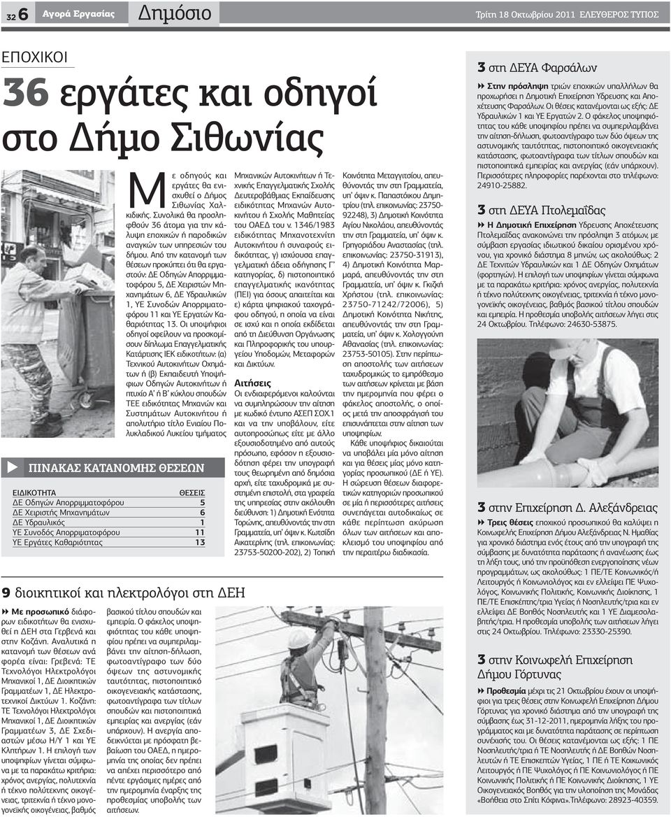 Κοζάνη: ΤΕ Τεχνολόγοι Ηλεκτρολόγοι Μηχανικοί 1, ΔΕ Διοικητικών Γραμματέων 3, ΔΕ Σχεδιαστών μέσω Η/Υ 1 και ΥΕ Κλητήρων 1.